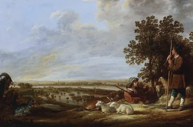 Landschaft mit zwei Hirten und ihren Tieren